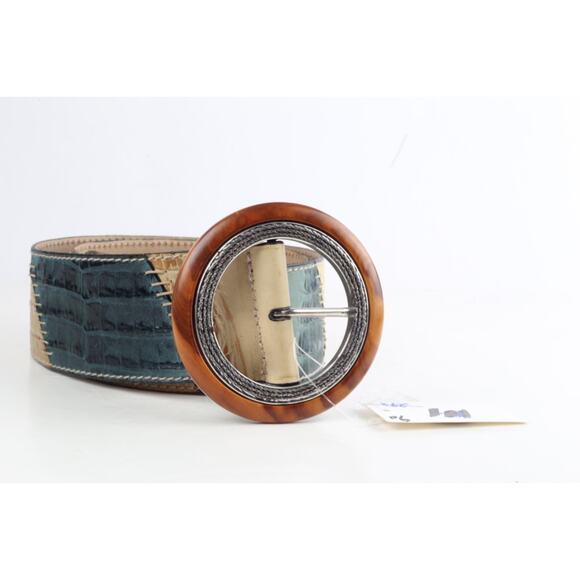 Green Baige Patchwork Leather Round Buckle Wide Adjustable Waist Belt Size 90 main image 6